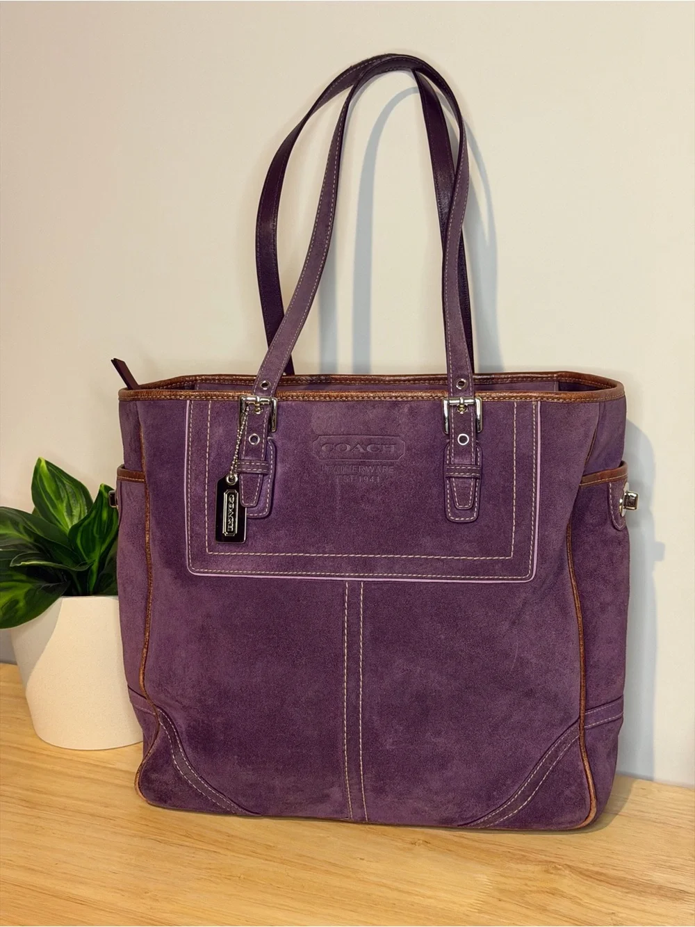 Coach Hampton Purple Suede Tote Bag with Silver Hang Tag VINTAGE